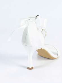 Women's White Pearl Chain Bow Decor Square Toe Ankle Strap Stiletto High Heel Sandals, Sweet & Elegant For Wedding, Party, Spring/Summer Formal Dress - White - View 7