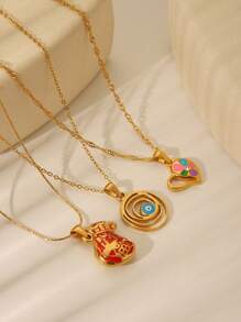 1pc Fashion Stainless Steel 18K Gold Plated Colorful Enamel Lucky Charm Necklace Pendant, Includes Evil Eye, Moneybag & Heart Designs, Meaningful Accessory For Women Daily/Occasions
