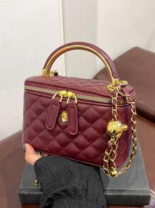 Bolso tipo cubo con cadena de correa a rayas de unicolor en forma de rombo, bolso de mano y bandolera - Burdeos - Ver 2