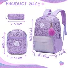 3 件套女孩背包学校背包带午餐盒铅笔盒适合 8-10 岁小学生儿童旅行背包 3 合 1 女孩背包套装热压豹纹背包