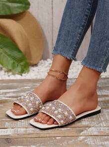 Plus Size Women's Slip-On Rhinestone Decor Sandals, Casual Versatile Outdoor Plastic Flat Slides