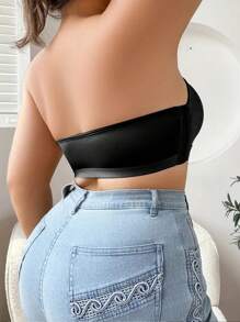 Plus Size Strapless Bandeau Bra Women's Push Up Top Anti Slip Solid Side Closure Removable Padded Elegant Gym Tank Top - Black - View 2