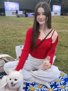 2pcs Set: Fine Knitted Cardigan + Fine Knitted Vest, Wavy Hem - Burgundy - View 6