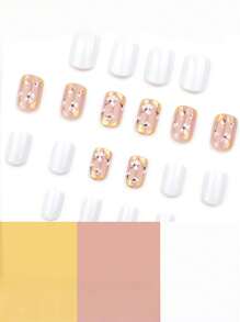 24 片短方形法式假指甲，简约白色花卉图案指甲贴，带金箔，适合派对、婚礼和日常佩戴按压指甲美甲用品 - 彩色 - 查看 3