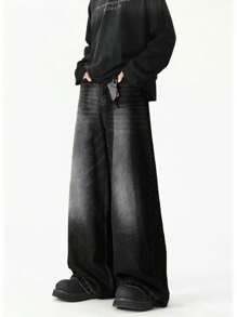 1 件男士时尚宽松复古水洗阔腿休闲牛仔裤，垃圾摇滚