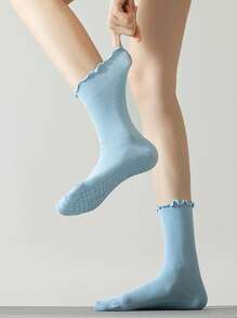 1Pair/6Pairs Solid Color Yoga Socks With Rolled Edges, Non-Slip Mid-Calf Socks For Indoor Fitness And Pilates, Seamless Sports Socks For Women