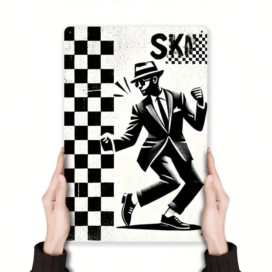 Retro Ska Dancer Metal Wall Sign - 20.32x30.48cm Black & White Checkered, Iron Decorative Plaque With Jazz-Inspired Artwork For Home, Bar, Cafe, Restaurant - Easy To Install, Metal Wall Art Decor, Perfect For Room Decor Gifts Birthday Graduation - Multicolor - View 1