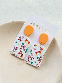 1 对女士花卉叶印花赤土纹理亚克力优雅耳环，橙色 - 彩色 - 查看 3