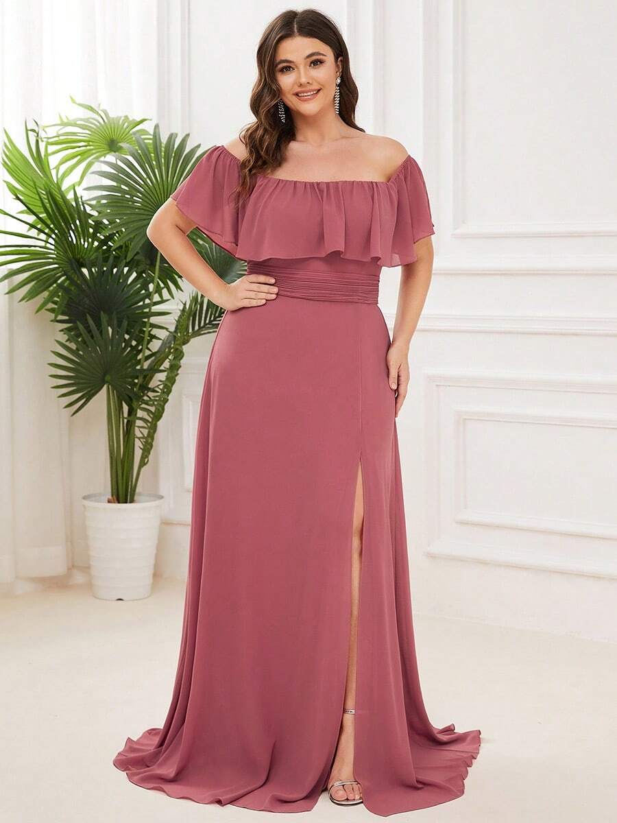 Plus Size Elegant Off-Shoulder Bridesmaid Dress - Coral Pink - View 1