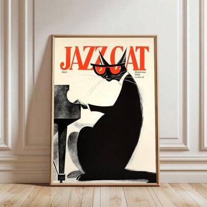 1 pieza Póster de lienzo con impresión de música de club de jazz vintage enmarcado/sin enmarcar, pintura minimalista de gato de jazz retro del piano de los años 80 para decoración de la pared de la habitación universitaria, apartamento, sala de estar, dormitorio, hogar moderno