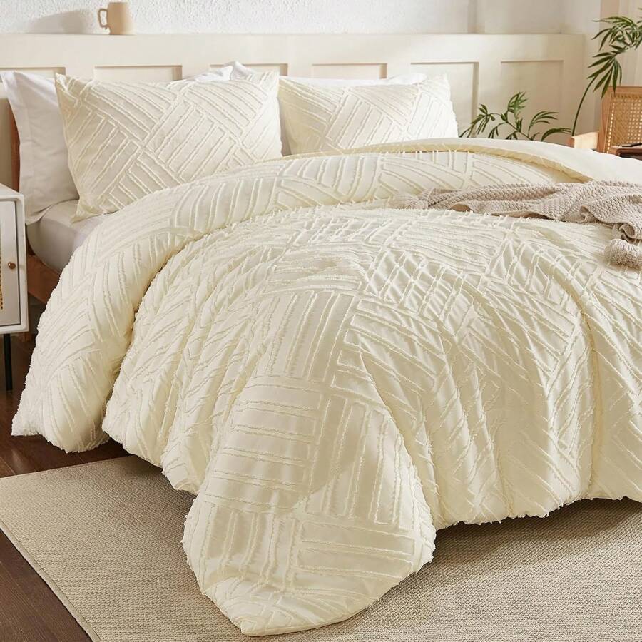 3 Pieces Cream Queen King Quilt Bedding Set, Lightweight Soft Bedspread Coverlet, Geometric Pattern Blanket Comforter Bed Cover For All Seasons - CreamCream - View 1