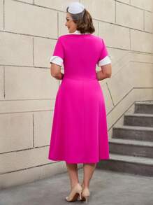 AOMEI Plus Size 50S Retro Fuchia Midi Dress Curve Ladies A Line Pleated Patchwork Lapel Button White Color Block Elegant Vintage Modest Outfits, Party Dress, For Cocktail - Hot Pink - View 2