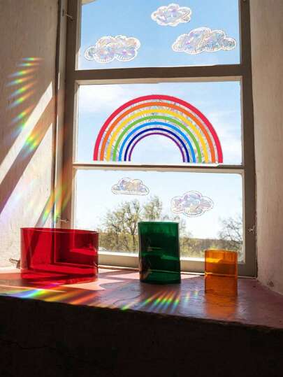 1pc Rainbow & Cloud Pattern Sunlight Reflective Static Cling Glass Sticker, Vinyl Decal For Home Decoration, Rama Decorative Sticker