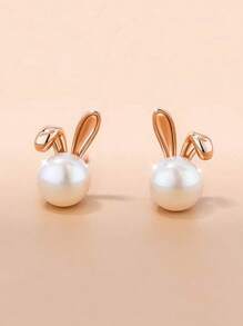 2 Pieces Of Simple Personalized Cute Playful Rabbit Faux Pearl Earrings Earrings Stud Female