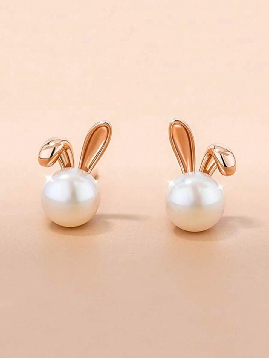 2 Pieces Of Simple Personalized Cute Playful Rabbit Faux Pearl Earrings Earrings Stud Female