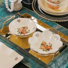 2 bucăți farfurii elegante în formă de floare din ceramică în stil european, feluri de mâncare cu sos cu detaliu auriu și model de trandafiri, boluri pentru gustări și desert. - Multicolor - Vizualizare 5