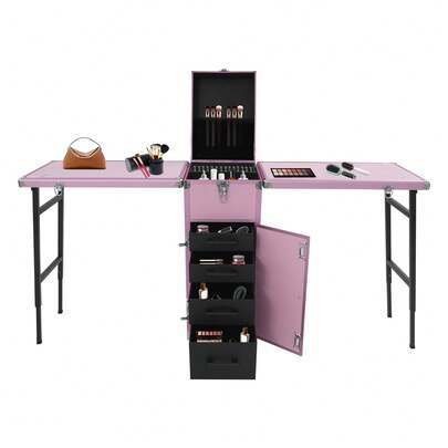 CNCEST Portable Nail Table Desk With 2 Keys, Foldable Rolling Manicure Table, Desktop Cosmetic Case, Make-Up Storage Case, 100kg/220.46 Lbs (Pink/Black, Optional)