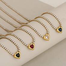 1 pieza Collar con colgante de corazón de acero inoxidable con circonita para mujeres, cadena clásica simple, colgante de ágata roja en forma de corazón, collar de clavícula elegante, joyería de celebridad de internet