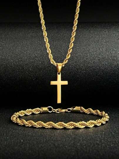 Set de 2 piezas: Pulsera de acero inoxidable minimalista con cuerda retorcida y collar con colgante de cruz de cuerda retorcida, regalo elegante para amigos y familia, adecuado para fiestas y uso diario
