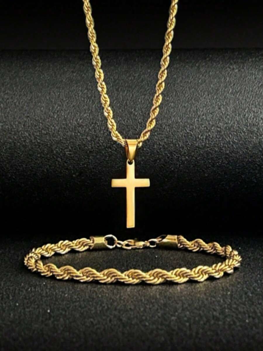 2PCS Twisted Rope Bracelet, Twisted Rope Cross Pendant Necklace, Exquisite Gift, Suitable For Gifting, Daily Wear - Gold - View 1