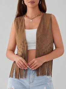 Women's Tassel Sleeveless Vest 70s Hippie Faux Suede Fringe Jacket Cardigan - Camel - View 2