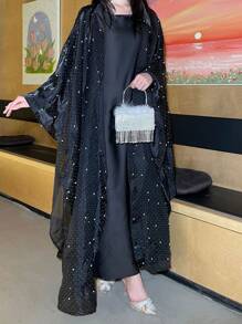 2pcs Island Sparkling Rhinestone Beaded Long Abaya Shawl For Women, Modest Robe - Black - View 3