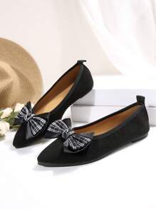 Mother's Day Beautiful Bow Gift, Women's Black & White Plaid Bow Decor Flat Slip-On Shoes, Lightweight & Comfortable, Non-Slip, Outdoor Walking Shoes, Casual & Fashionable Ladies Shoes, Black Classic