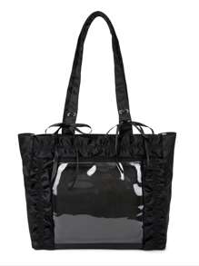 日系原宿新款时尚缎面蝴蝶结大容量包，可装谷物、挂钥匙扣、明信片、玩偶，可参加动漫展、派对，可送朋友，可肩背，可放徽章、激光票，可搭配洛丽塔服饰，可送情人节礼物、圣诞礼物、生日礼物，时尚优雅女士包包 - 黑色 - 查看 6