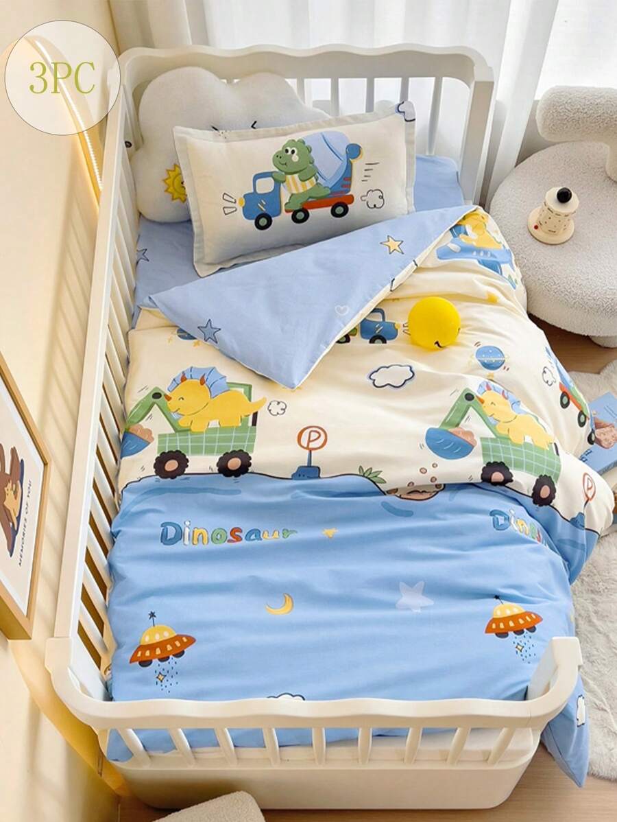 3 件婴儿卡通床上用品套装（1 * 羽绒被套 + 1 * 床垫套 + 1 * 枕套），舒适床上用品套装，卡通字母恐龙与太空宇宙图案，120 * 150 厘米羽绒被套、床垫套、枕套（无填充物），返校 - 太空旅行 - 查看 1