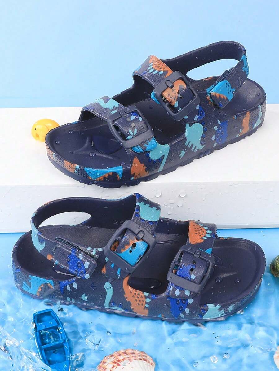 儿童沙滩拖鞋，夏季套脚凉鞋，女童露趾凉鞋，透气水鞋，印花，魔术贴，户外鞋