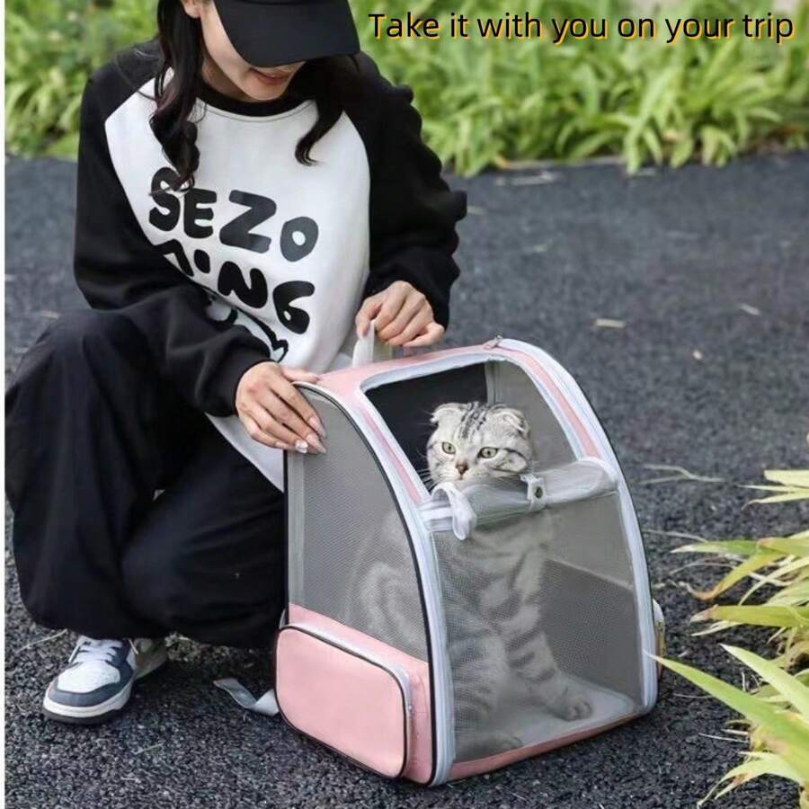 宠物外出透气猫狗背包，通风设计安全皮带扣支撑可折叠，大容量背包，适合中小型宠物（15 磅以下） - 粉色 - 查看 1