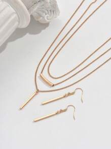 Set de 3 piezas de joyería bohemia para mujer, incluye collar con colgante geométrico y aretes, diseño minimalista, regalo único para fiestas y vacaciones - Dorado - Ver 4