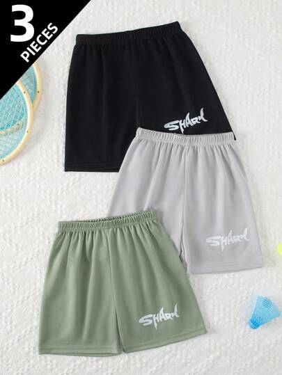 3st set Young Boy Sportswear Shorts, fukttransporterande löparbyxor utomhus med hajtryck, andningsbart nät, lös passform Lämplig för 4-12 år gammal