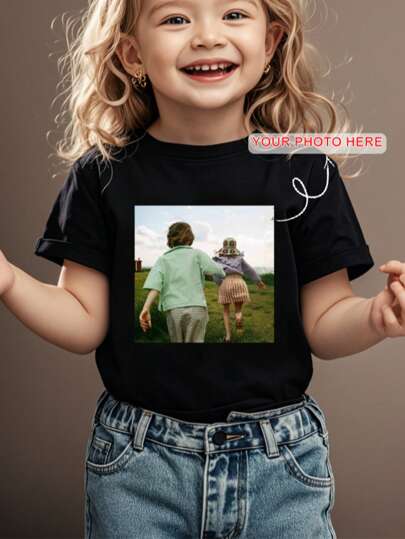 Customized Photo Printing Girl & Girls Short Sleeve T-Shirt, Personalized Design, Upload Your Own Patterns, Logos, Images, Photos, Group Shots, Pet Photos, Customized Team Uniforms & Outdoor Wear, Round Neck Girls Tee, Black Top, Gifts For Holidays, Birthdays, 1st Birthday, Culture Shirts, Summer Girls Top