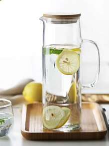 1pc 1000ml/1200ml/1500ml Straight Borosilicate Glass Water Kettle With Wooden Lid, Summer Fruit Juice Pitcher, Heat Resistant, Suitable For Home, Gatherings, Restaurants