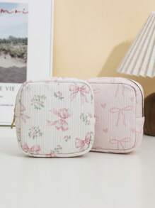 1 Piece Stylish Flower Print Bow Cherry Strawberry Print Wick Sanitary Napkin Storage Bag Mini Cosmetic Bag, Multifunctional Sanitary Napkin Storage Bag Small Square Bag, Small Cosmetic Travel Bag Toiletries Storage Bag For Women/Girls, Cute Zipper Bag Coin Purse College Style Suitable For School, Work, Travel, Cosmetic Bag, Cosmetic Bag, Skin Care Bag, Toiletry Bag, Packaging Box, Travel Supplies