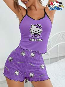 Sanrio 2 pezzi/set Pigiama donna Hello Kitty di Sanrio, top a camicia e pantaloncini set da notte con stampa di cuori e lettere, comodo