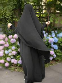 1 Set Muslim Women's 2 Pcs Abaya With Double Layers Headscarf Hjiab Women's Solid Color Elegant Long Sleeved Soft Set Suitable,Modest - Multicolor - View 3