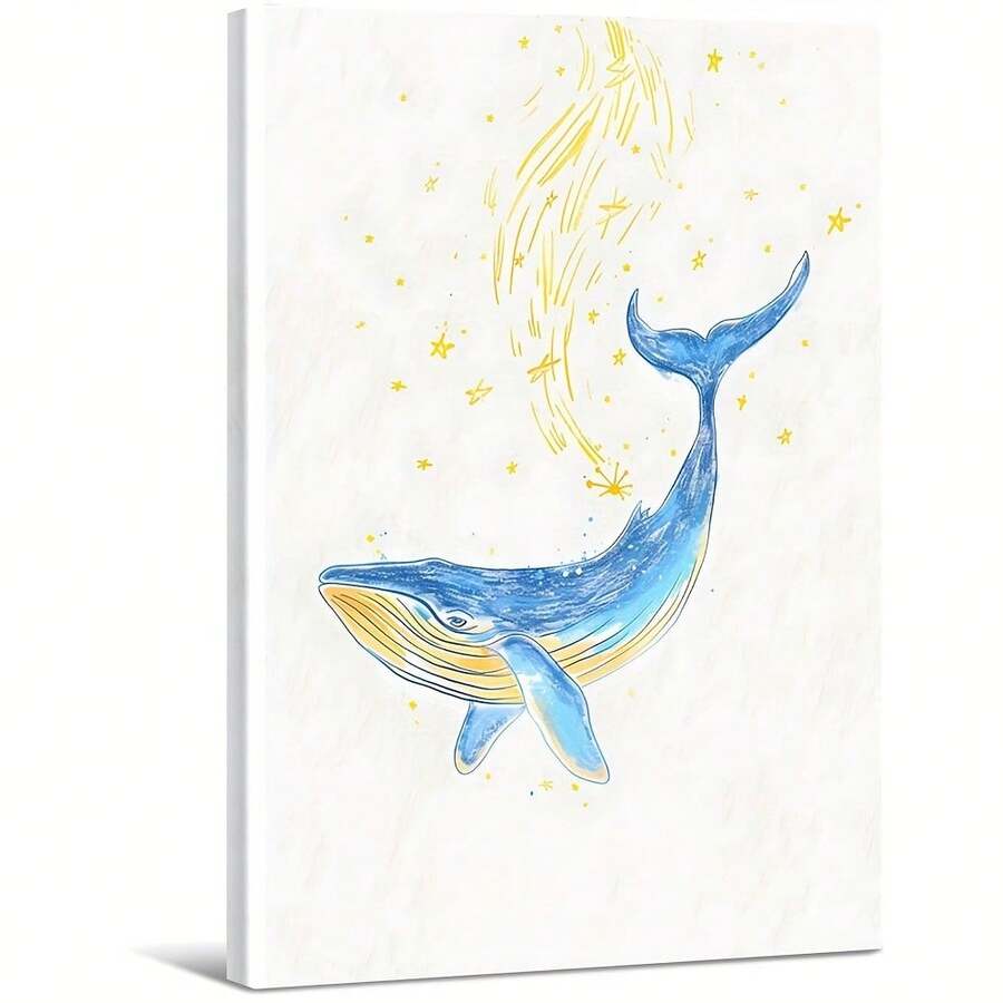 The Blue Whales And The Yellow Stars In The White Room. Large Wooden Framed Wall Painting Artist Home Decoration Oil Painting - Bedroom, Bathroom, Living Room, Office, Kitchen, Christmas Gifts - 1 Piece