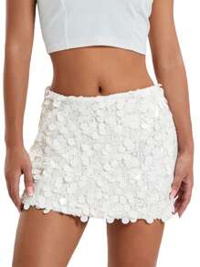 Women's Sparkle Sequin Skirt Glitter Mini Skirt Belly Dance Short Skirt Clubwear Festival Costume - White - View 4