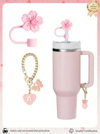 2pcs/Set Cup Accessories - Pink Letter Cup Markers & Silicone Hibiscus Flower Straw Lids, Reusable 10mm Diameter Straws With Cute Letter/Butterfly Decorations For Modern Minimalist Glass Cups, Back To School Supplies