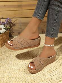 Women's Summer Criss-Cross Open Toe High Heel Casual Sandals With Hollow-Out Design, Thick Platform, Rhinestone Decor, Suitable For Outdoor Wear