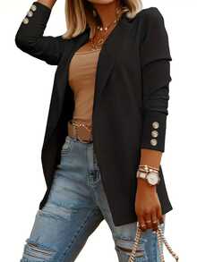 大码女式时尚领口长袖工作夹克，春秋季 - 黑色 - 查看 3