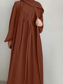 2pcs Women Solid Color Comfortable Casual Loose Cardigan + Sleeveless Robe Set, Arabic Abaya Robe With Belt - No Headscarf, Quick Ship - Coffee Brown - View 3