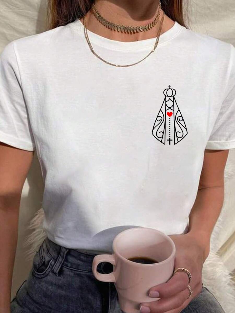 Camiseta Feminina Babylook T shirt nossa senhora coração lado religião fé 100% Algodão Várias Cores - Branco - Visão 1