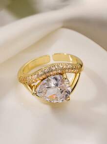 1pc elegante luxuoso 18K banhado a ouro cobre zircônio anel aberto geométrico, adequado para uso diário