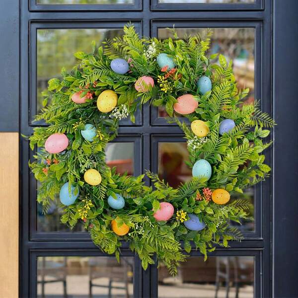 Couronne de décoration d'œuf de Pâques colorés de 45 cm pour la porte d'entrée, œuf de Pâques pastels mini, couronne de Pâques de printemps, décoration de fenêtre de Pâques