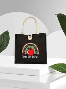 1 pièce Sac à main en lin imprimé floral avec lettrage enseignant, cadeau pour enseignants, sac cadeau à motif lune et étoile, sac de courses portable et pliable, sac de rangement léger, sac de courses simple, sac de rangement pour infirmière, médecin, enseignant, cadeau pour mère, maquillage de voyage personnel, sac de courses, grand espace de rangement, toujours les meilleurs cadeaux de la Saint-Valentin