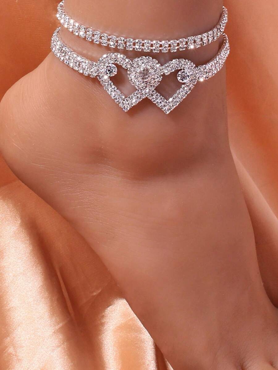 2 PCS Luxury Fashion Rhinestone Bright Shining Double Heart Anklet Ladies Engagement Beach Party Jewelry Valentine's Day Gift - Anklet - View 1