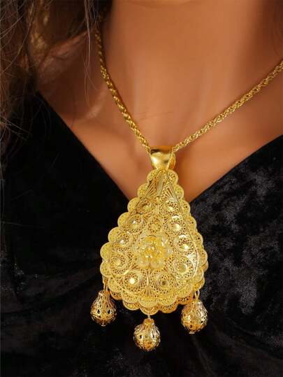 1 Stück elegante goldene Metallkette mit Cut Out, zweischichtigem, luxuriösem 3D-Blumenanhänger in Tränenform, geeignet für Hochzeiten, Bankette, Feste und Partys